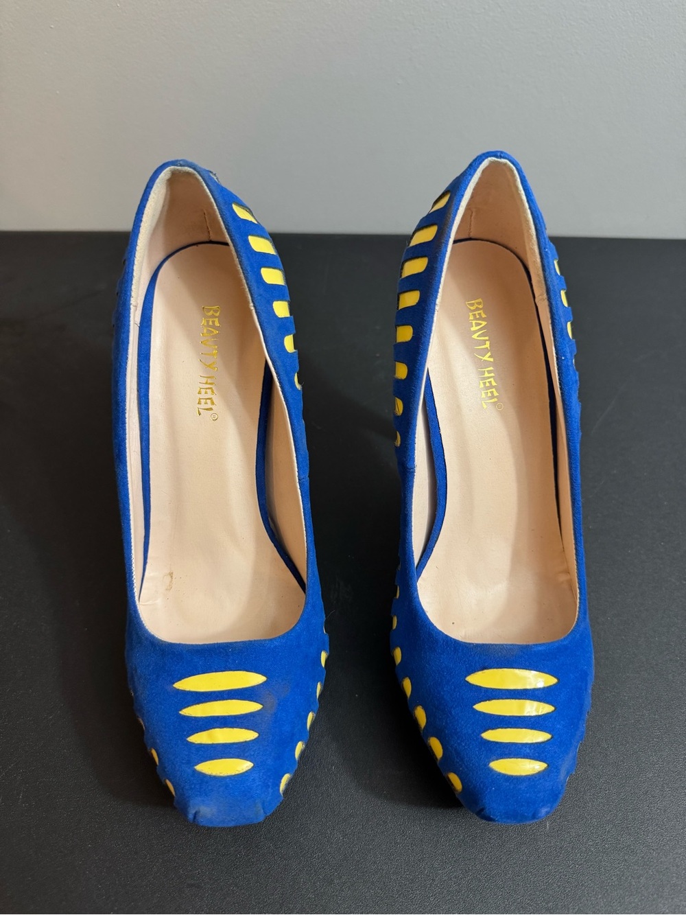 Blue Suede Pumps with Yellow Accents
